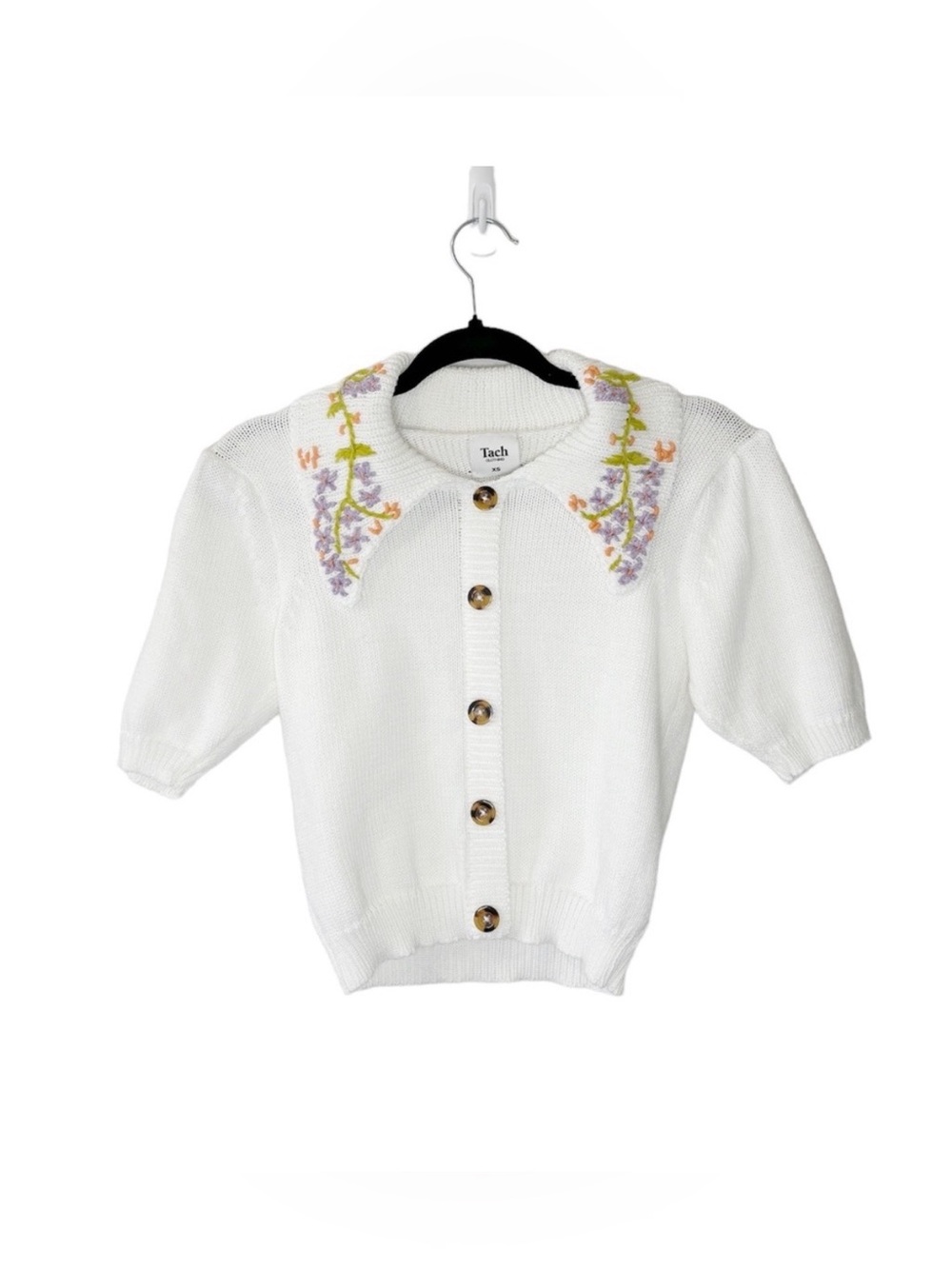 Tach Floral Embroidered Knit Polo Collar Cardigan Top XS